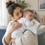 Genitore tiene in braccio un neonato sveglio dopo la poppata