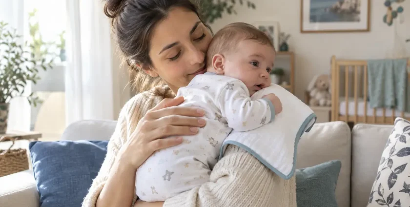 Genitore tiene in braccio un neonato sveglio dopo la poppata