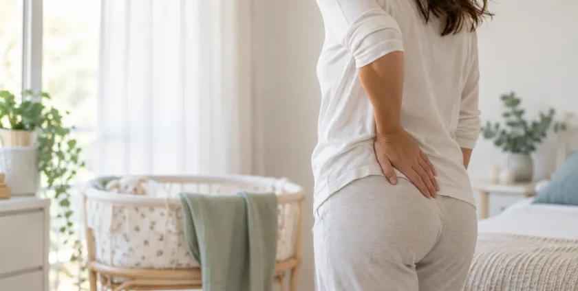 Donna nel post-partum con una mano appoggiata alla zona del bacino