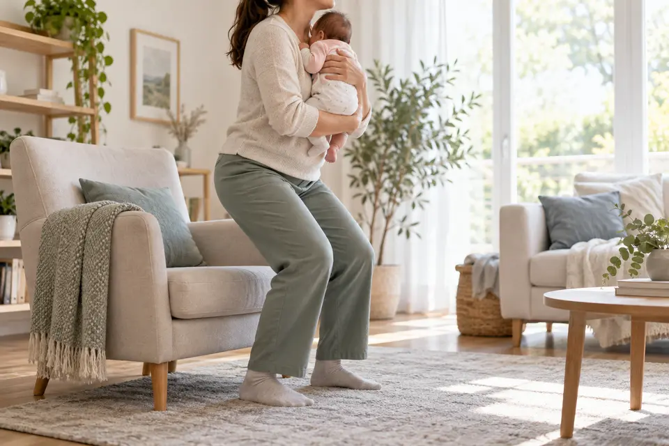 Mamma che si alza da una poltrona tenendo il neonato vicino al corpo